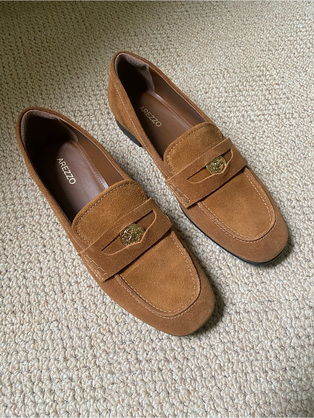 Arezzo Suede Penny Loafers in Cognac Brown with Gold Medallion